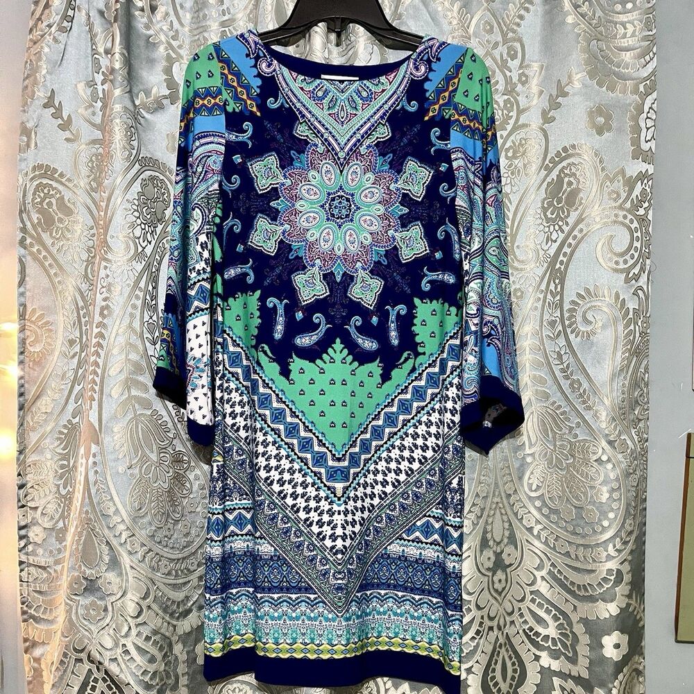 Vibrant Bohemian Mandala Shift Dress Size 6 Blue Multi Color Bell Sleeves Retro